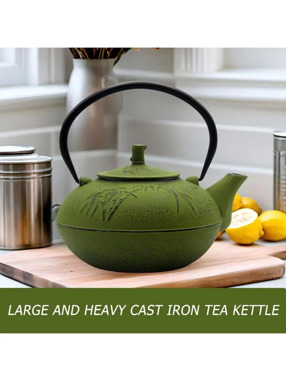 Green Cast Iron Kitchen Japanese Tea Pot 84.6oz 2500ml Stovetop Bamboo Infuser